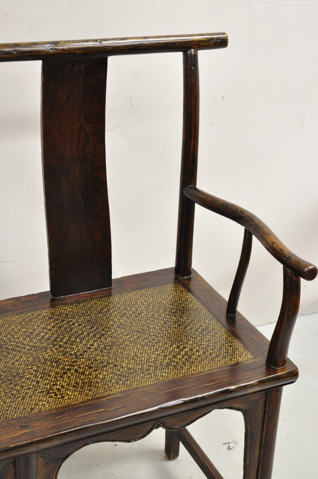 Vintage Chinese Elm Lacquered Cane Double Chairback Hall Bench Settee Sofa
