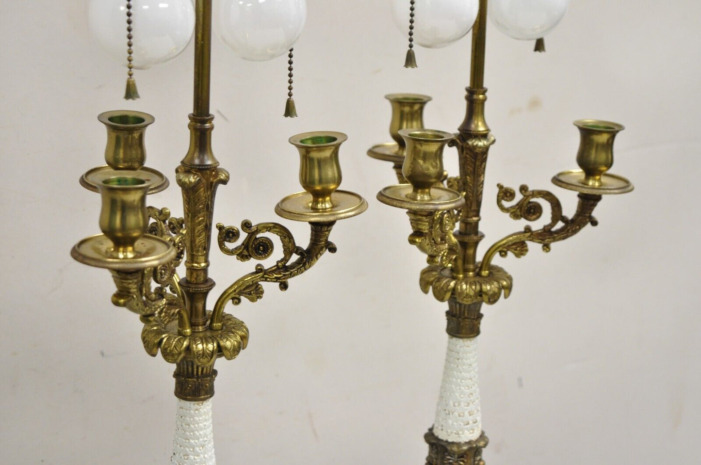 Vintage French Empire Style Candlestick Candelabra Brass Table Lamps - a Pair