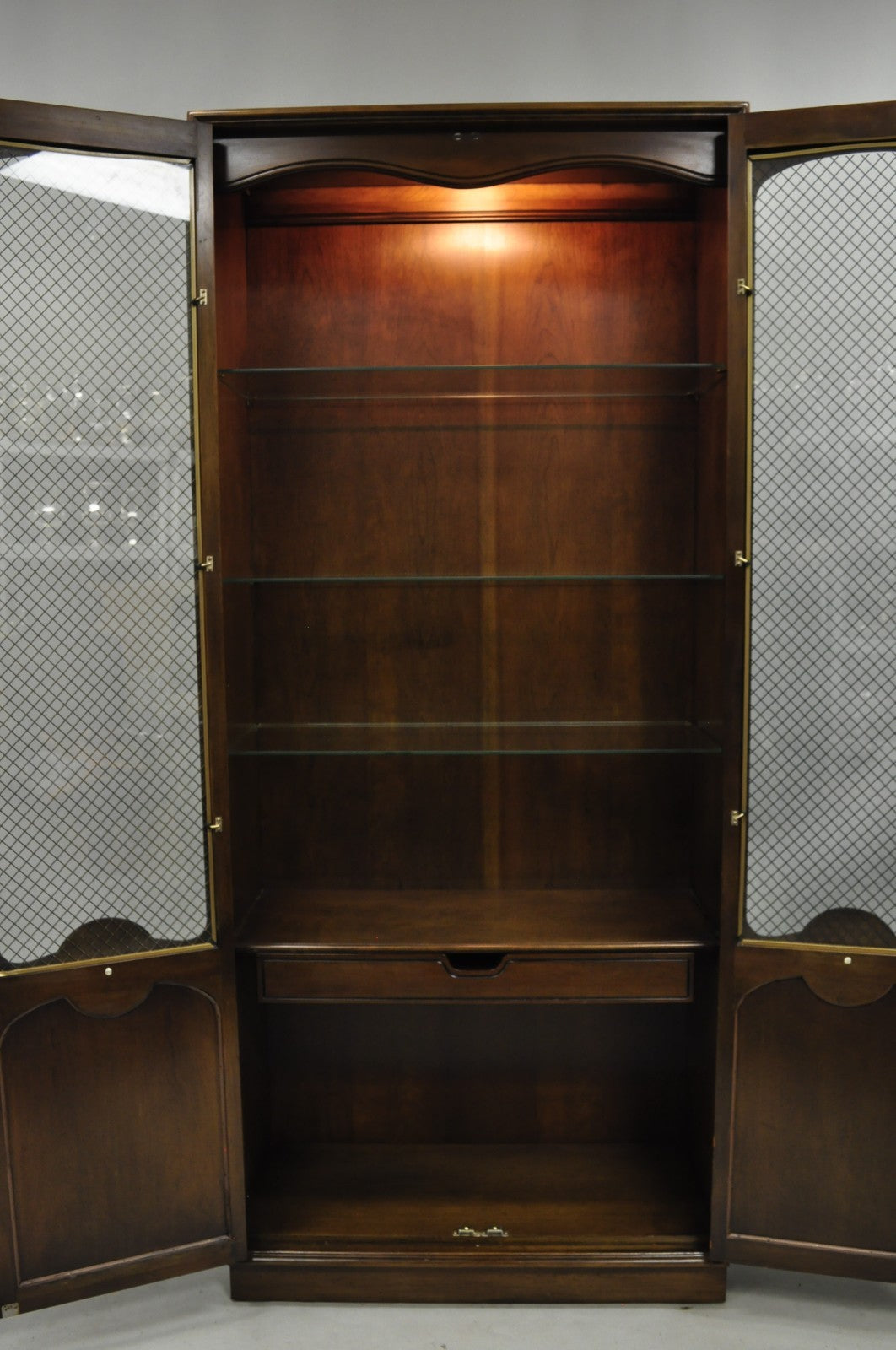 Vintage French Country Dark Cherry Wood Tall Lighted Curio Display Cabinet Pair