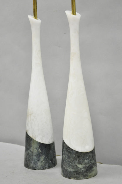 Vintage Italian Mid Century Modern 2 Tone Alabaster Green White Table Lamp Pair