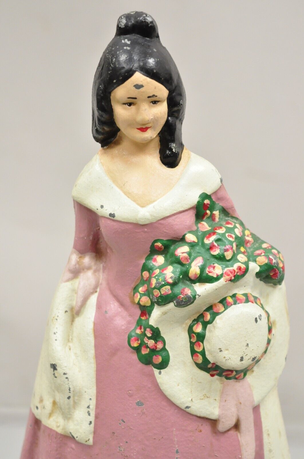 Antique Victorian Tall Cast Iron Painted Figural Woman Pink Dress Door Stop