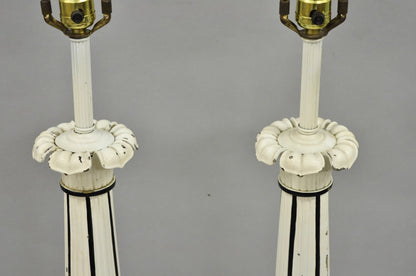 Vintage Hollywood Regency Lotus Leaf Black & White Metal Column Table Lamps Pair