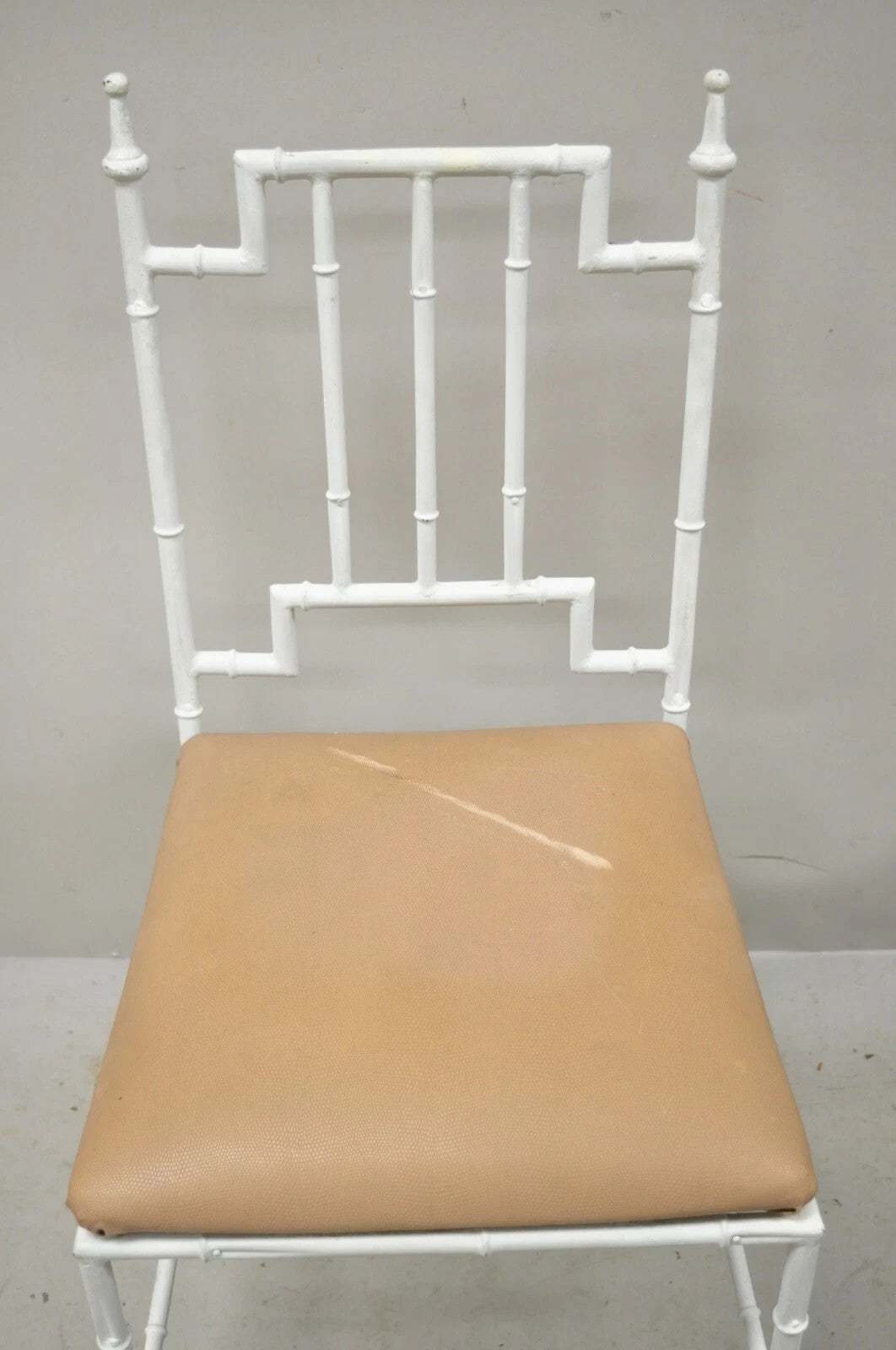 Vintage Italian Hollywood Regency White Faux Bamboo Metal Accent Side Chair Pair