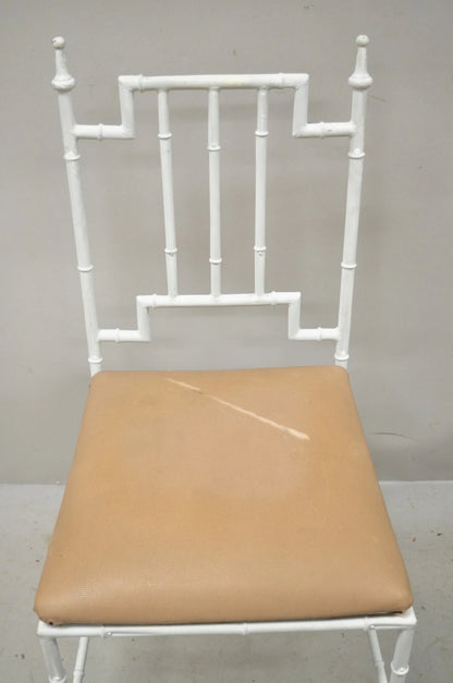 Vintage Italian Hollywood Regency White Faux Bamboo Metal Accent Side Chair Pair