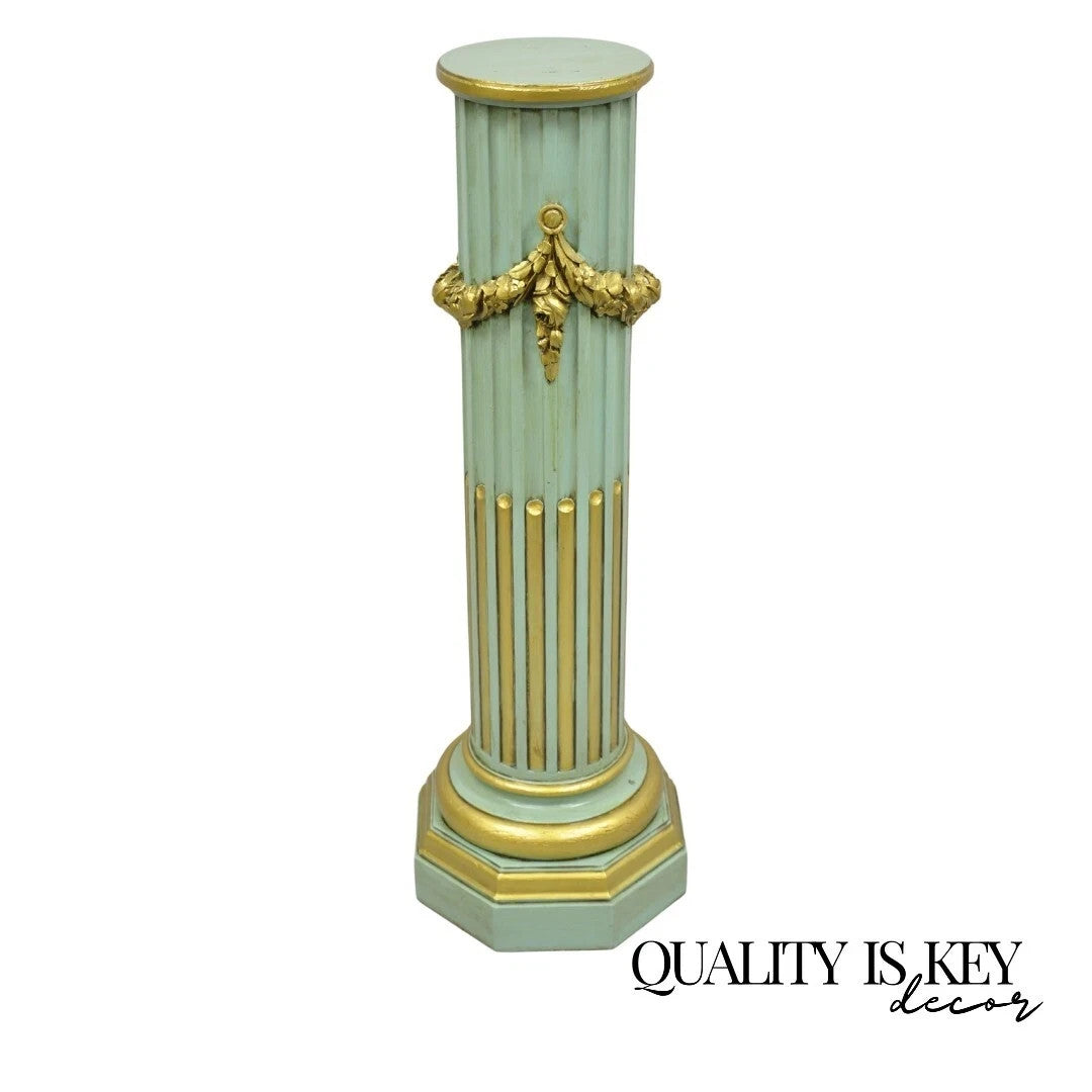 Antique French Empire Neoclassical Green & Gold Painted Wooden Column Pedestal