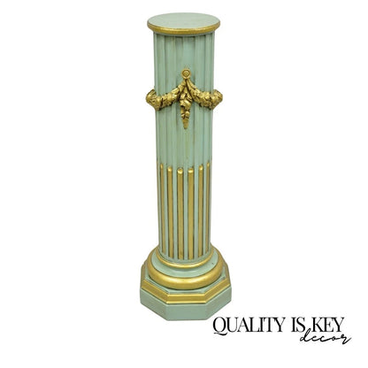 Antique French Empire Neoclassical Green & Gold Painted Wooden Column Pedestal