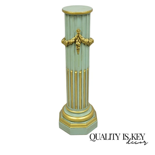 Antique French Empire Neoclassical Green & Gold Painted Wooden Column Pedestal