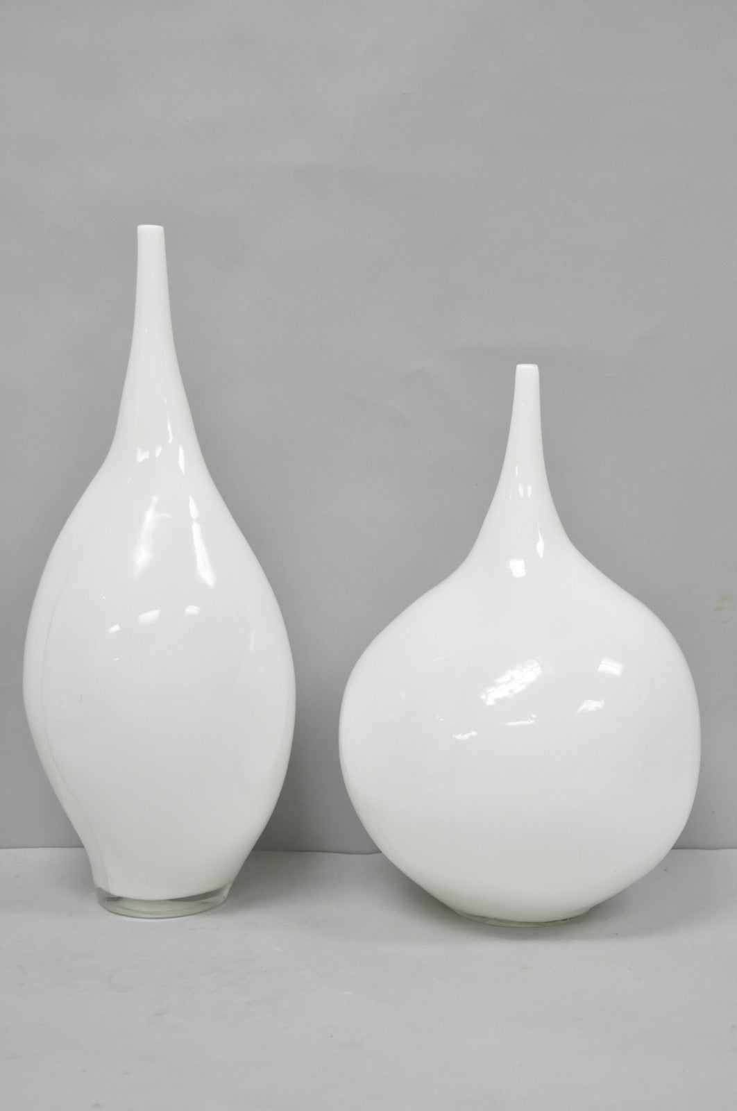 Decorative Modern White Bulbous Art Glass Vessel Vase by Lazy Susan - 2 Pc Set