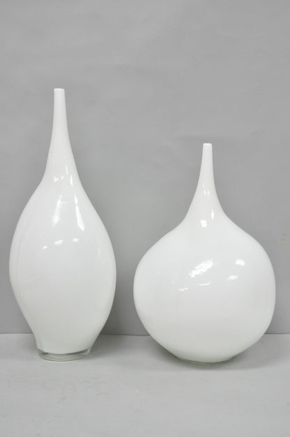 Decorative Modern White Bulbous Art Glass Vessel Vase by Lazy Susan - 2 Pc Set