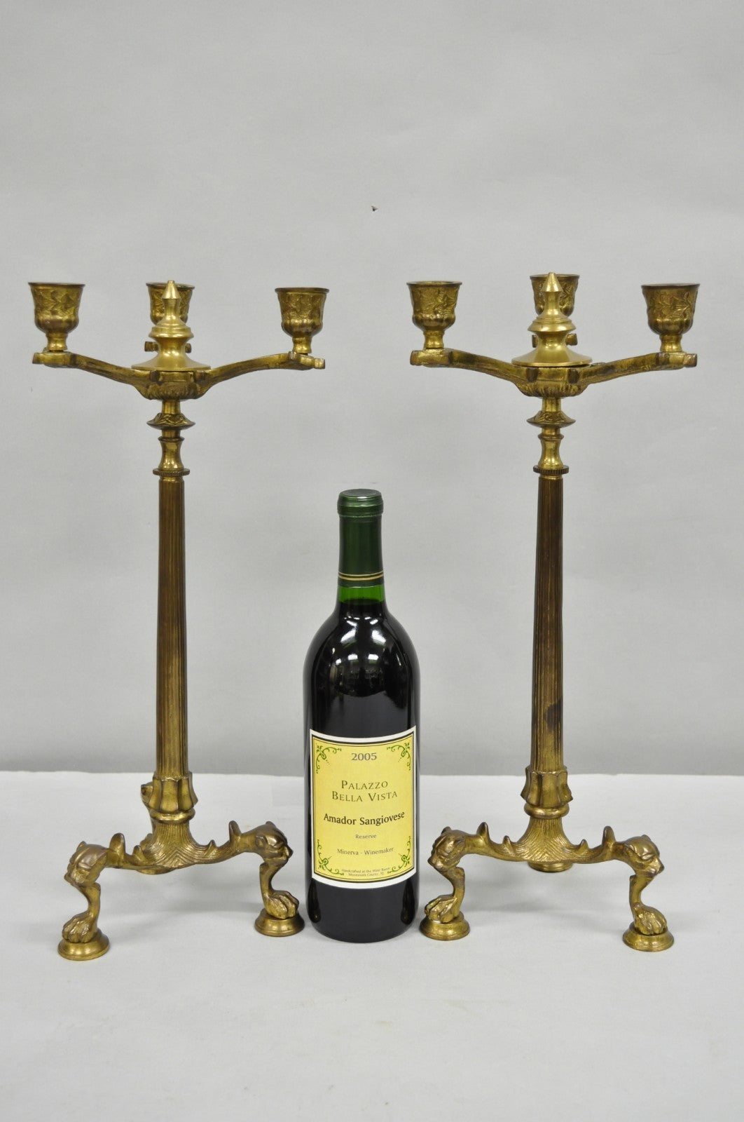 Antique French Renaissance Gothic Figural Brass 16" Candelabra w/ Lions - a Pair