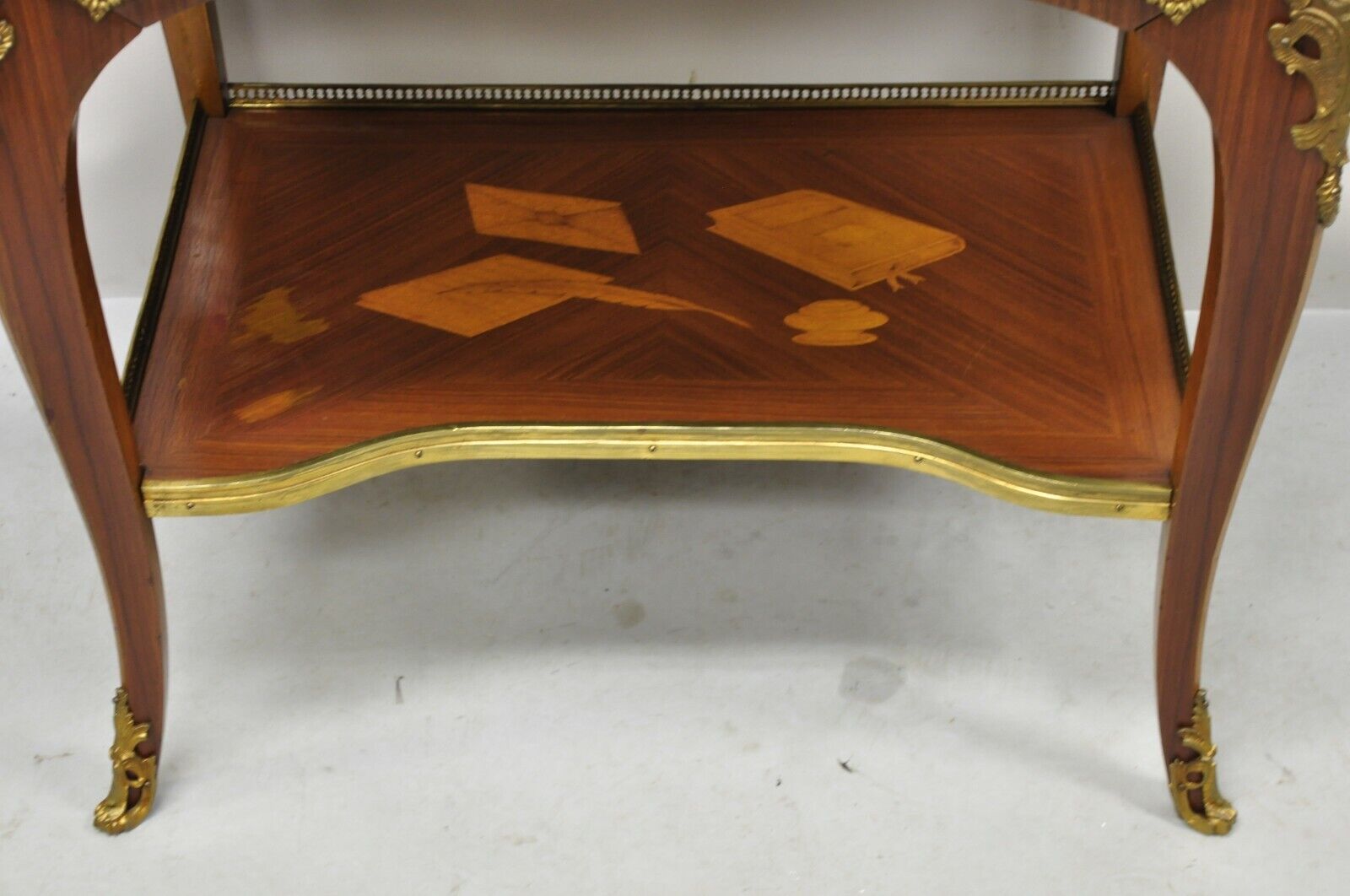 Vintage French Louis XV Style Marquetry Inlay Bronze Ormolu Small Writing Desk