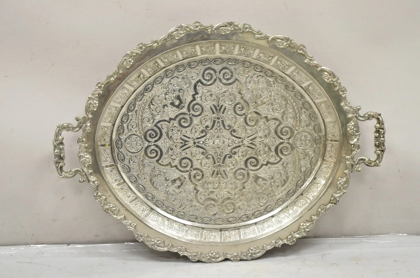 Large Victorian Style Oval Silver Plated Serving Platter Tray Raised on Feet