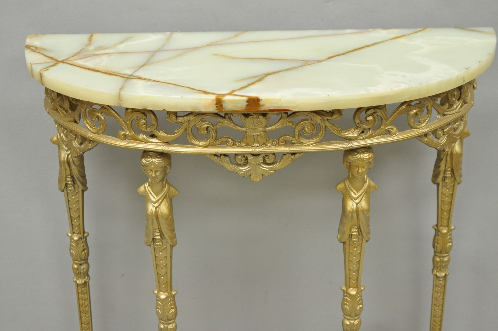 Antique Gothic Revival Oscar Bach Style Figural Bronze & Onyx Gold Console Table