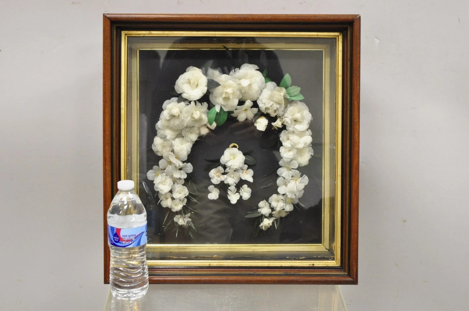 Antique Victorian White Feather Floral Mourning Wreath Mahogany Wood Shadow Box