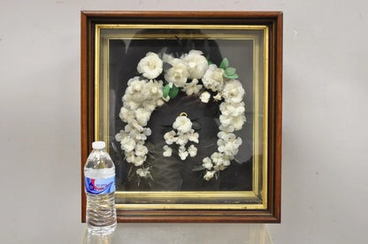 Antique Victorian White Feather Floral Mourning Wreath Mahogany Wood Shadow Box