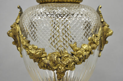 Antique French Neoclassical Bronze Lion Ormolu Diamond Cut Glass Urn Table Lamp