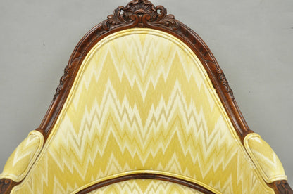 Antique French Louis XV Style Carved Walnut Yellow Fabric Boudoir Lounge Chair