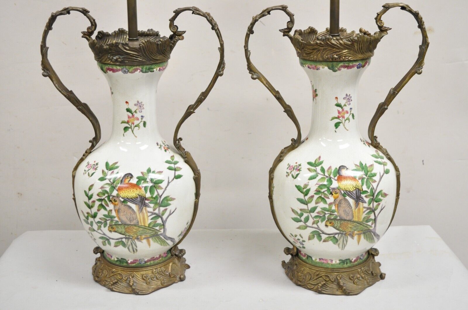 Vintage Chinoiserie Porcelain & Bronze French Louis XV Style Table Lamps - Pair