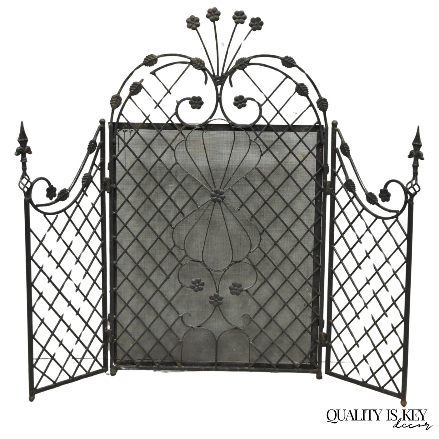 Antique Gothic Arts & Crafts Wrought Iron Scrolling Folding Fireplace Screen