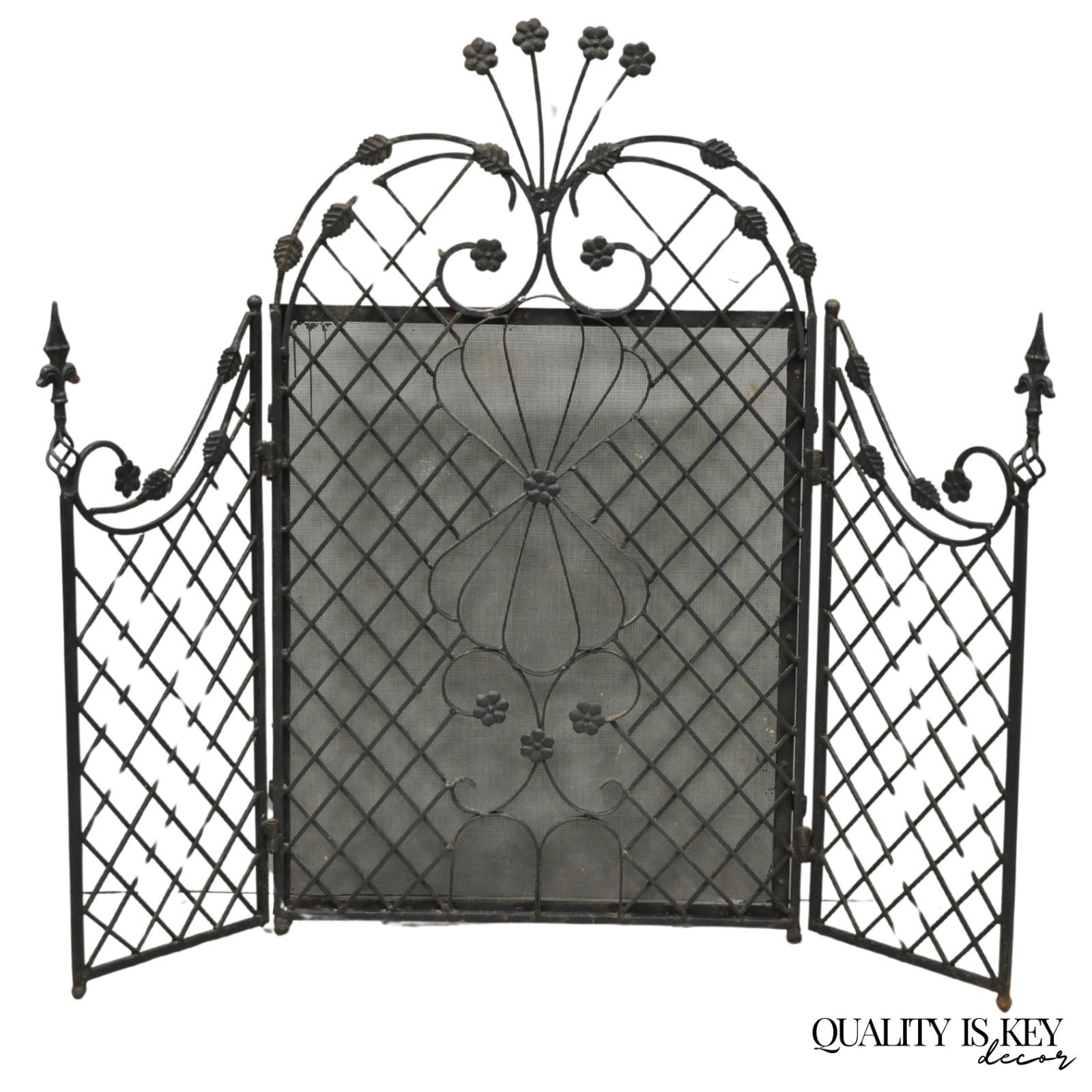 Antique Gothic Arts & Crafts Wrought Iron Scrolling Folding Fireplace Screen