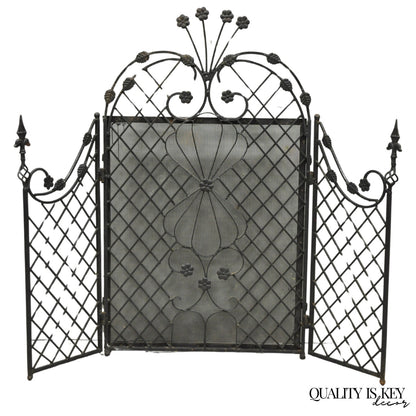 Antique Gothic Arts & Crafts Wrought Iron Scrolling Folding Fireplace Screen