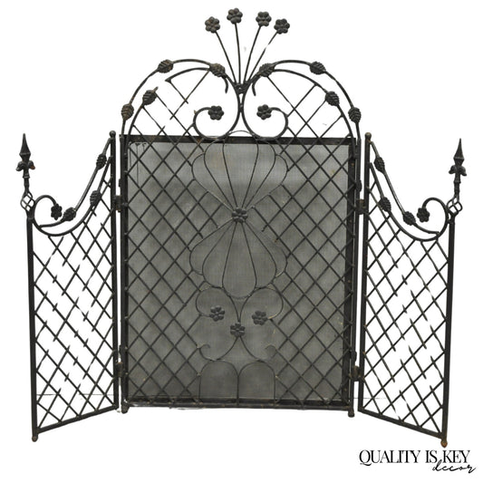Antique Gothic Arts & Crafts Wrought Iron Scrolling Folding Fireplace Screen