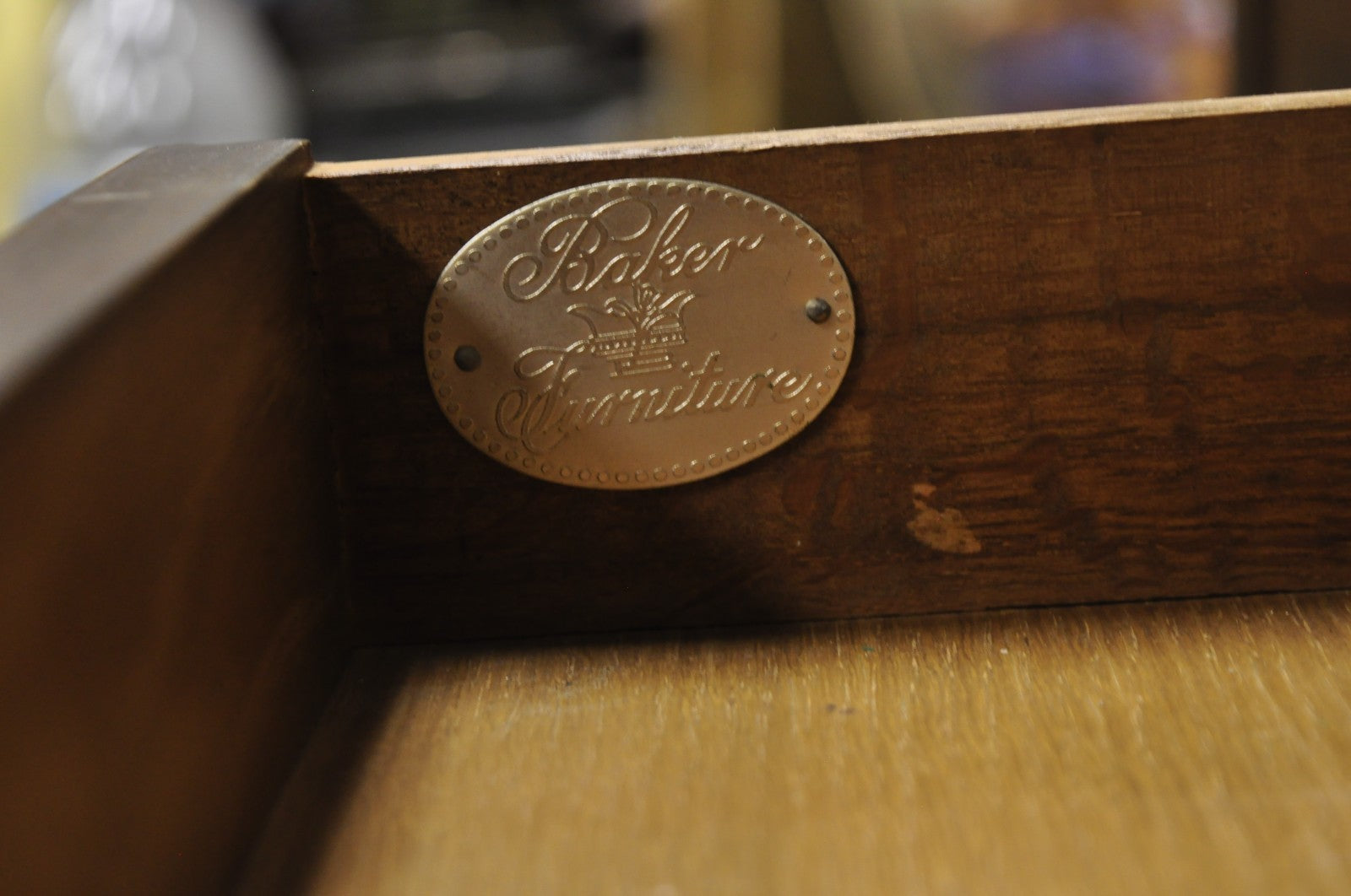 Vintage Baker Dark Cherry Wood Narrow French Console Hall Table w Copper Inserts