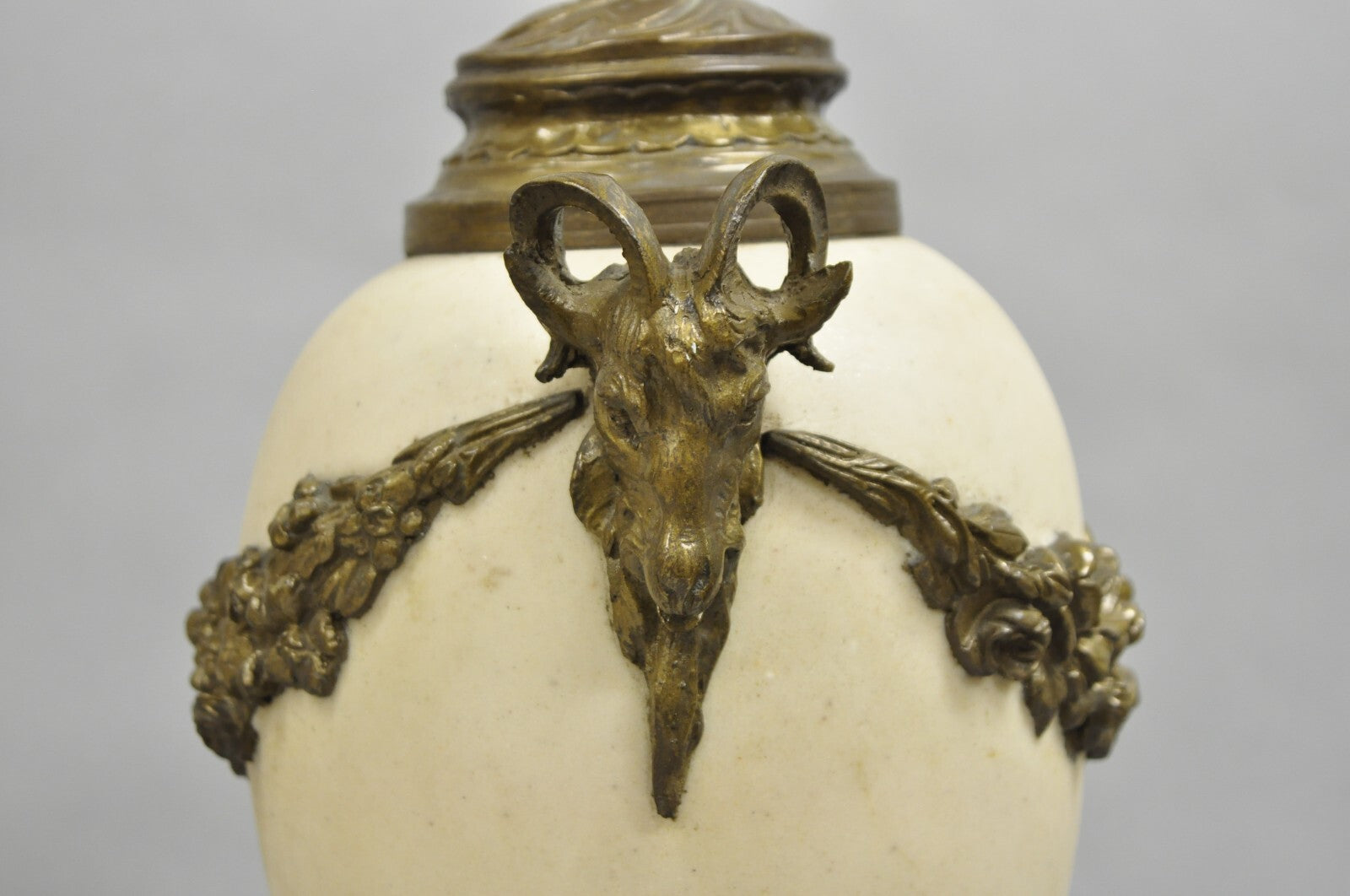 Vintage French Neoclassical Marble & Bronze Rams Head Urn Cassolettes - a Pair