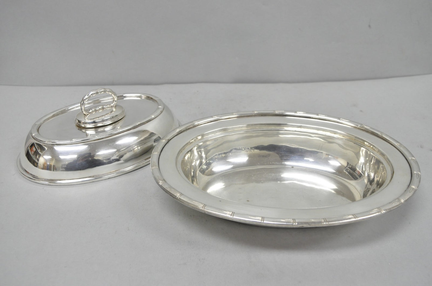 Vintage Hollywood Regency Silver Plated Faux Bamboo Oval Vegetable Serving Dish