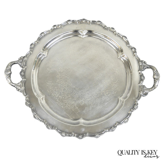 Vintage English Victorian Silver Plated Round Serving Platter Bar Tray w Handles