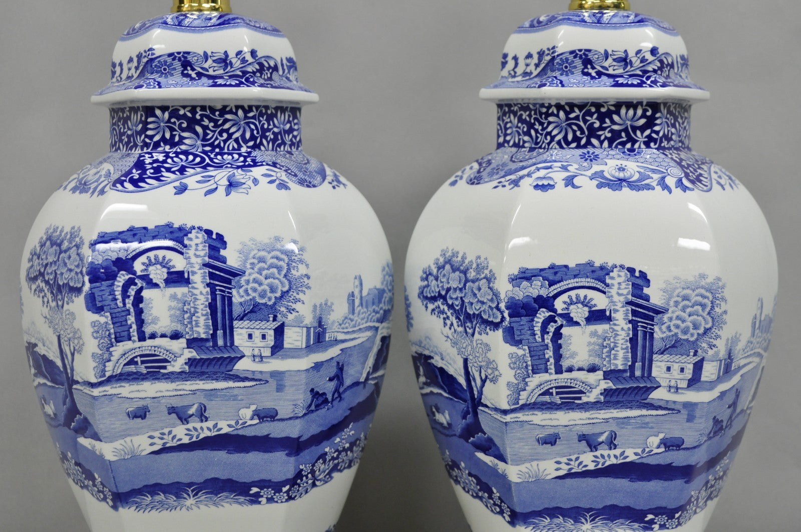 Vintage Spode Chinoiserie French Blue White Porcelain Ginger Jar Table Lamp Pair