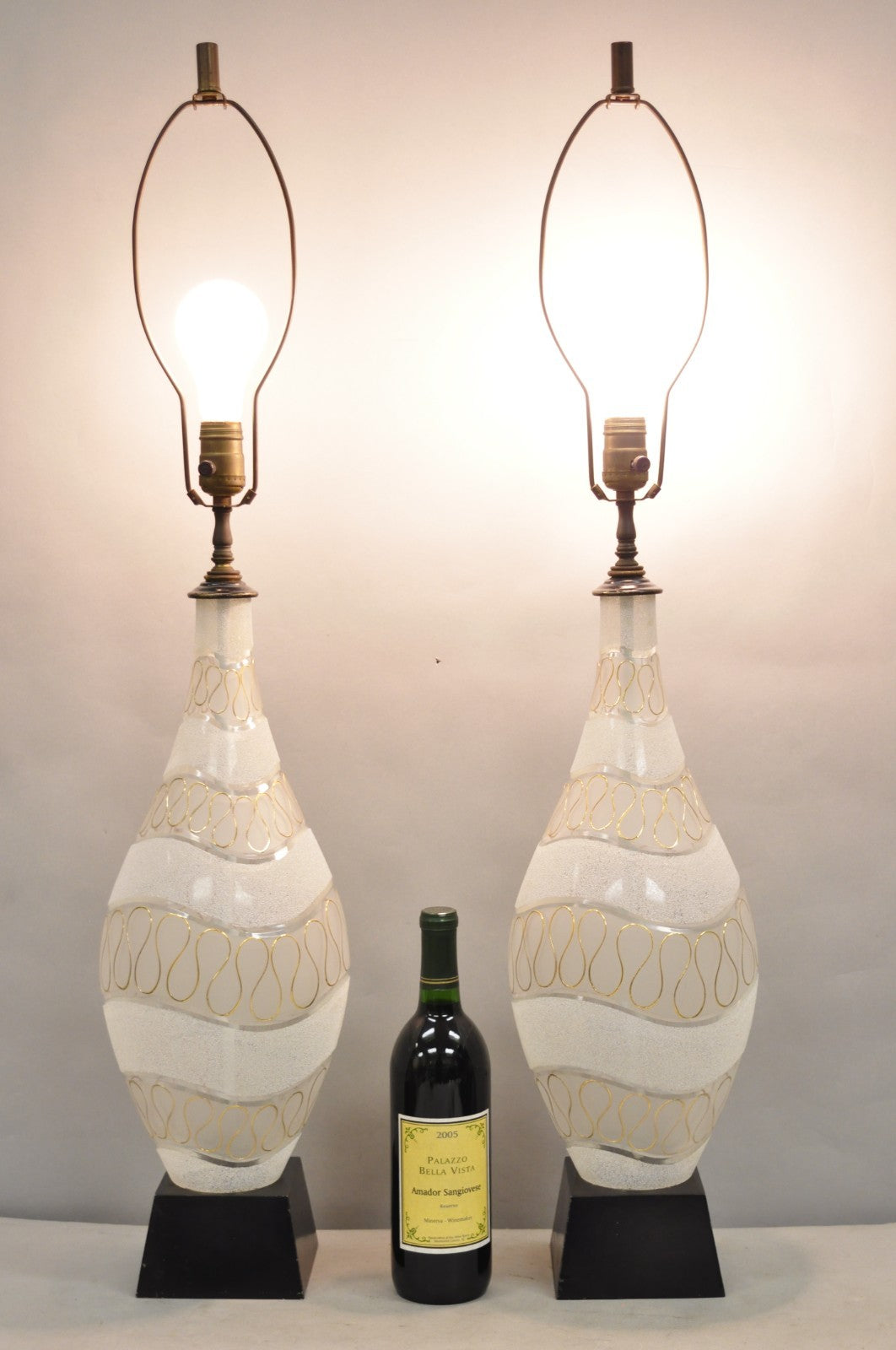 Vintage Mid Century Modern Sculpted Frosted Glass Gold Wavy Table Lamps - a Pair