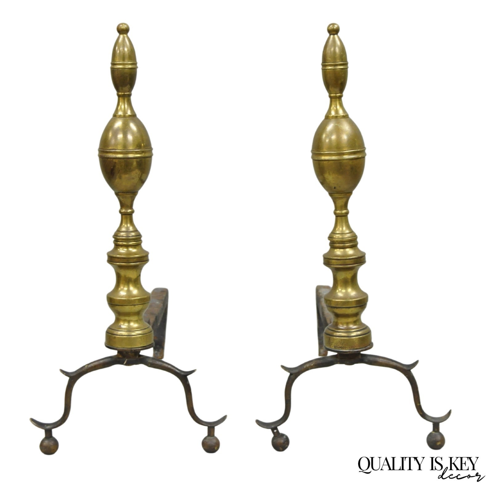 Antique English Federal Brass Branch Leg Cast Iron Fireplace Andirons - a Pair