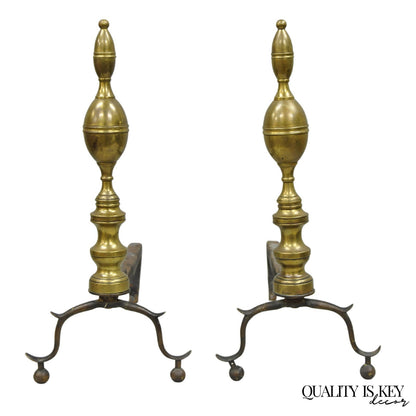 Antique English Federal Brass Branch Leg Cast Iron Fireplace Andirons - a Pair