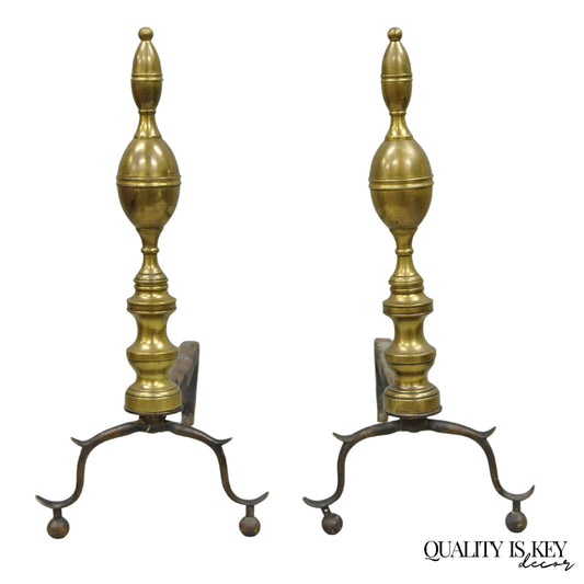 Antique English Federal Brass Branch Leg Cast Iron Fireplace Andirons - a Pair