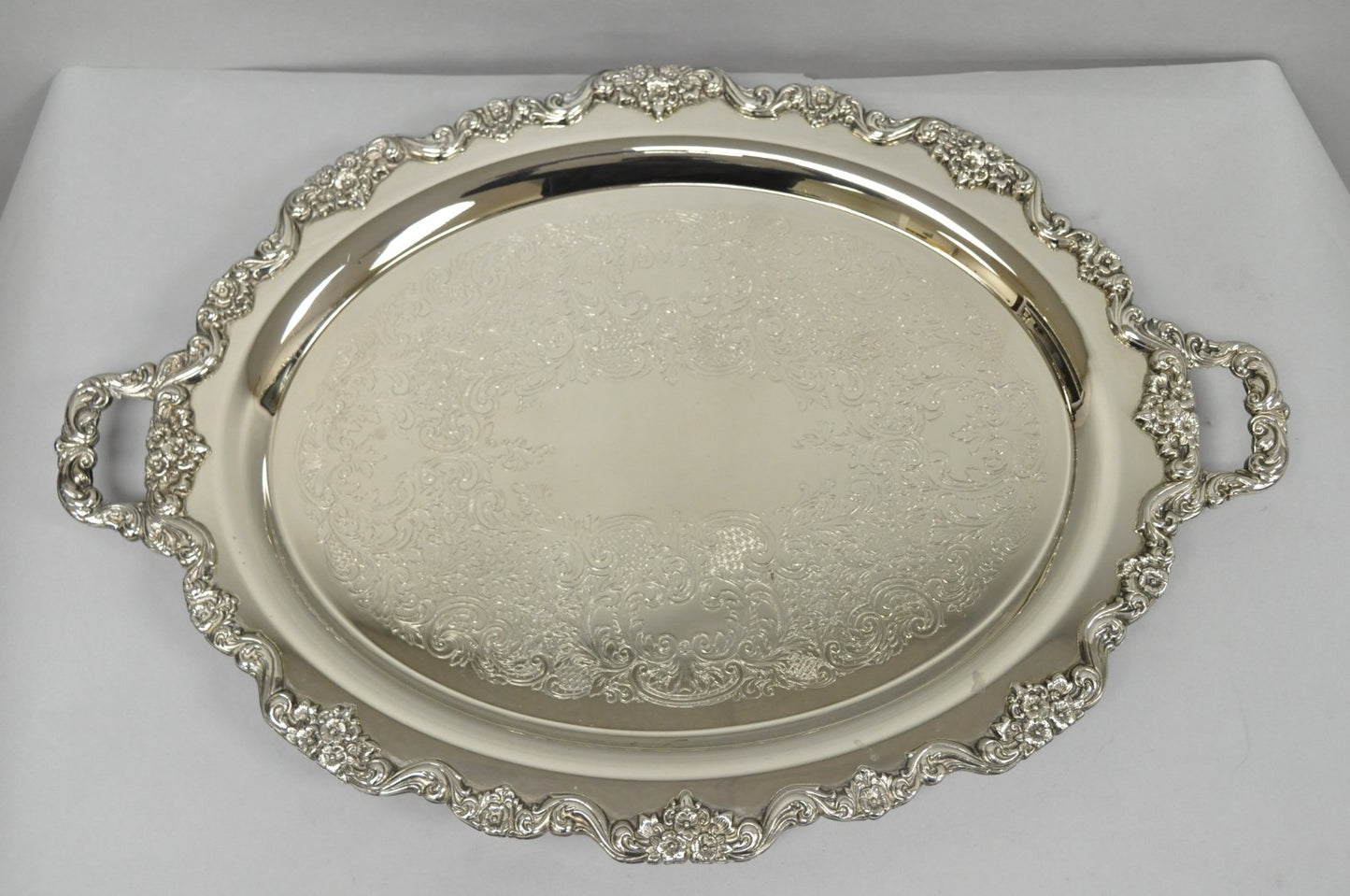 Vintage Extra Large Oval Silver Plated Serving Platter Bar Tray w/ Smoked Finish
