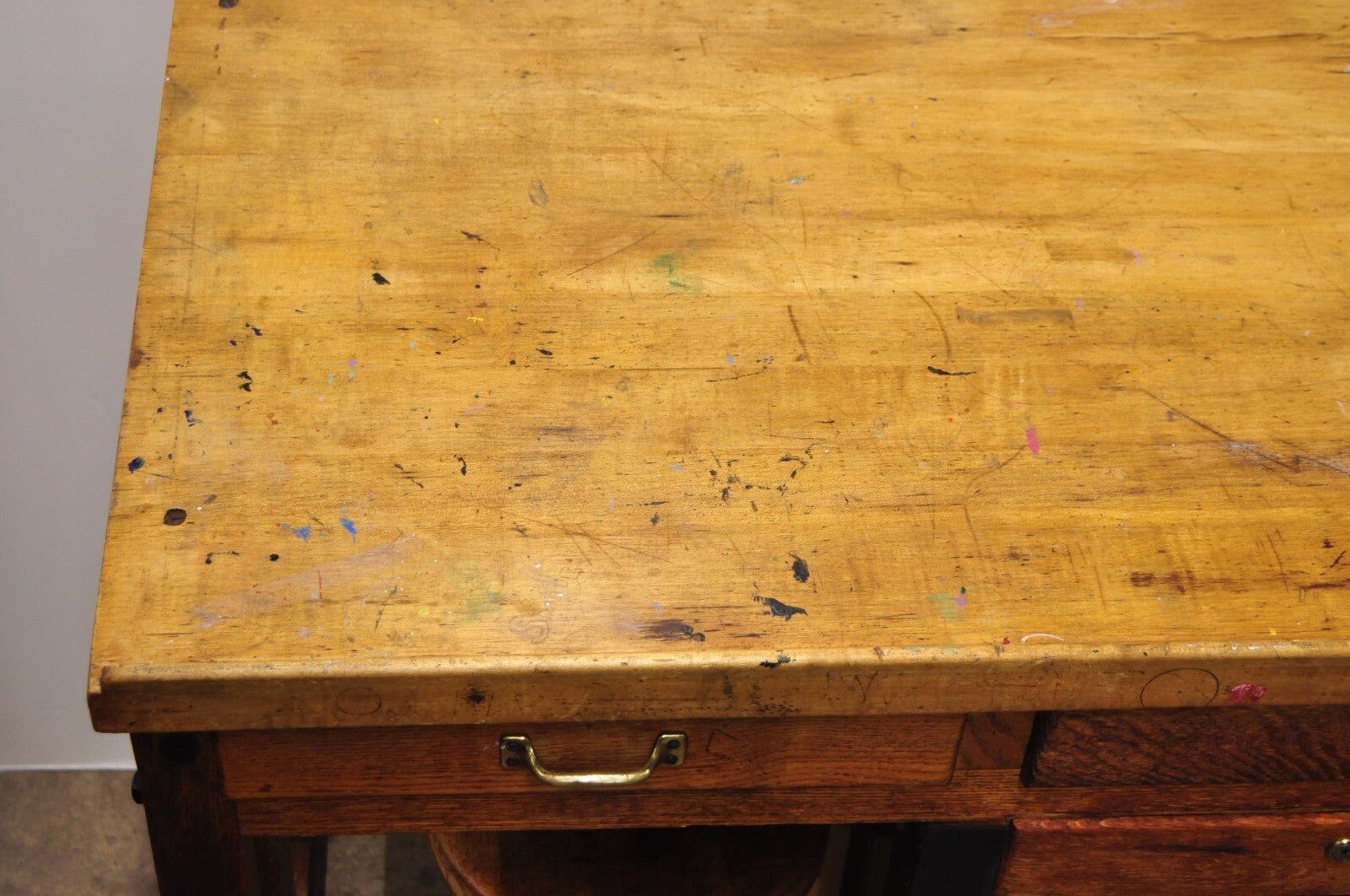 Antique Arts & Crafts Oak Jewelers Workbench Desk Drafting Table w/ Swivel Stool