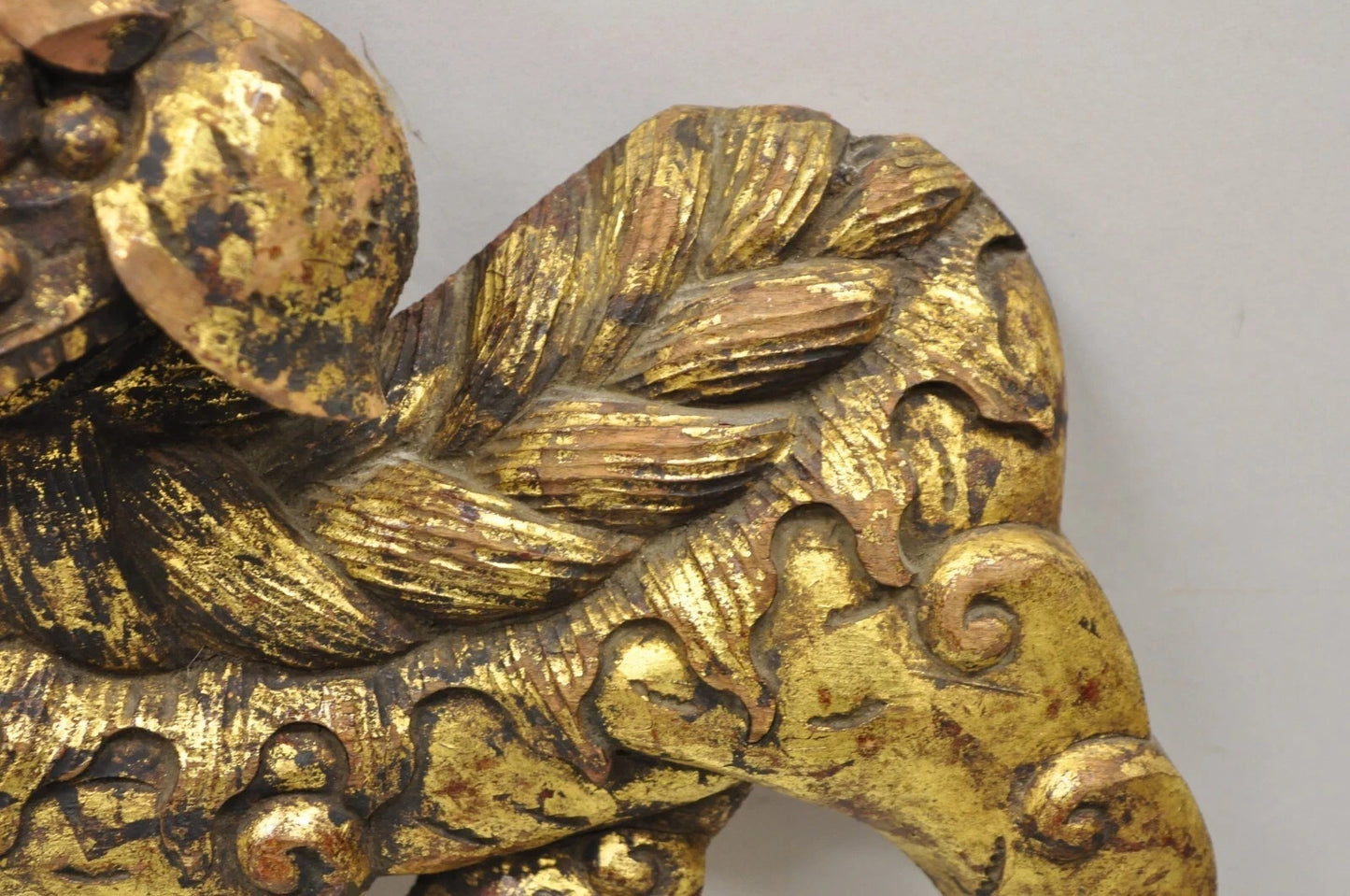 Vintage Chinoiserie Carved Wood Gold Gilt 12" Chinese Foo Dog Figures - a Pair