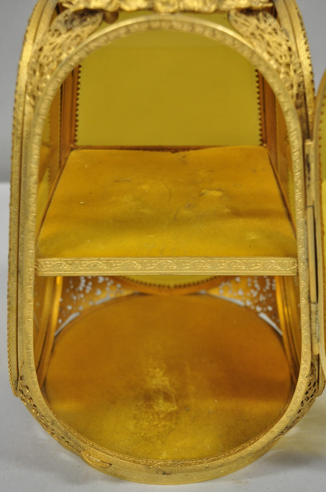Vintage French Victorian Amber Glass Gold Filigree Vanity Jewelry Box Casket
