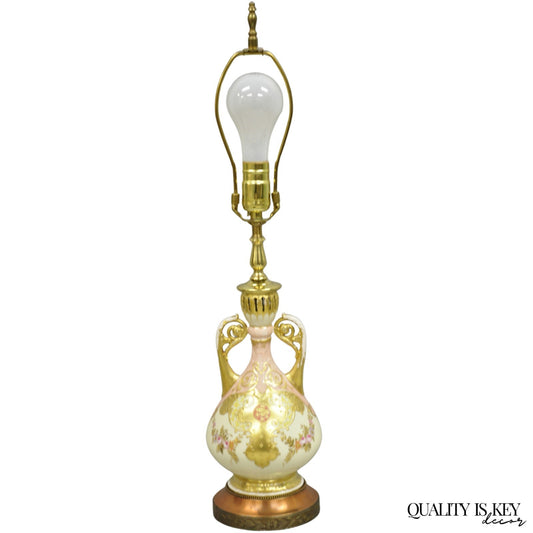 Antique Victorian Austrian Porcelain Pink Gold Gilt Small Boudoir Table Lamp