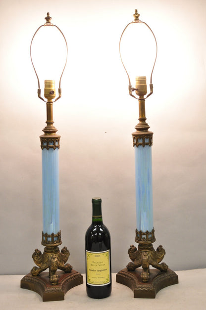 Vintage Italian Neoclassical Empire Iridescent Blue Glass Column Table Lamp Pair