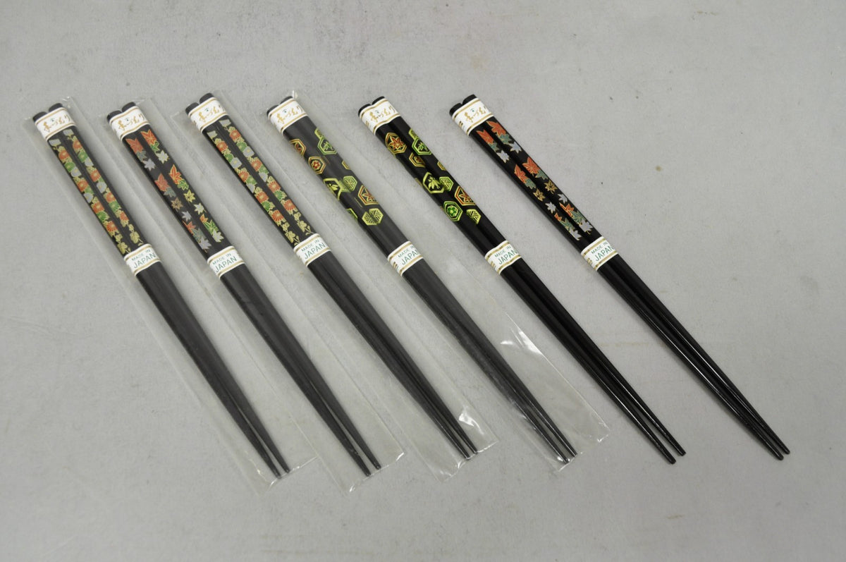 Vintage Japanese Oriental Chopsticks w/ 2 Custom Silk Gold Sleeves - 6 Pc Set