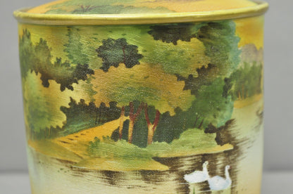 Antique Nippon Hand Painted Coralene Porcelain Lake Duck Scene Biscuit Jar