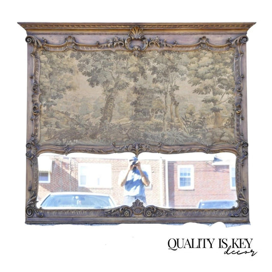 Antique French Tapestry Louis XV Rococo Carved Wood Overmantle Trumeau Mirror