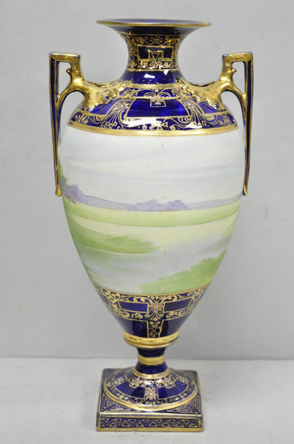 Antique Nippon Hand Painted Cobalt Blue Porcelain Twin Handle Bolted Urn Vase