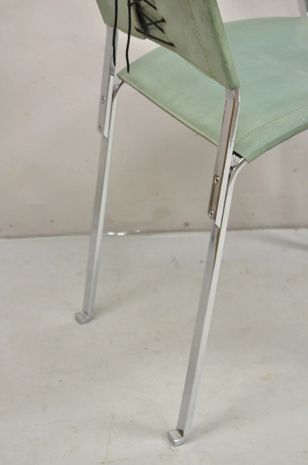 Italian Modern Naos Italy Teal Blue Leather Chrome "Corset" Arm Chairs - a Pair