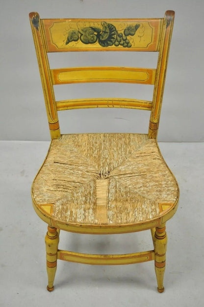 Antique Hitchcock Style Slat Back Rush Seat Yellow Paint Stencil Side Chair (A)