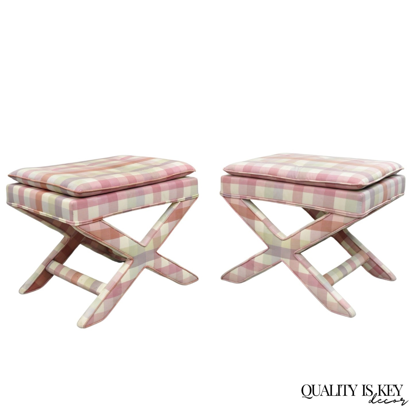 Vintage French Country Pink Plaid Hollywood Regency X-Stool Curule Bench Pair