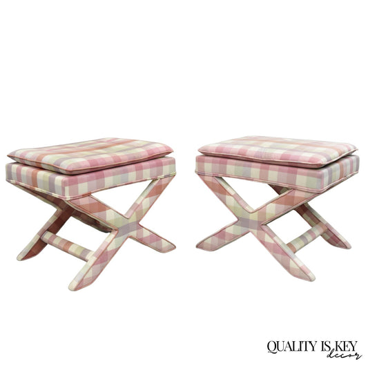 Vintage French Country Pink Plaid Hollywood Regency X-Stool Curule Bench Pair