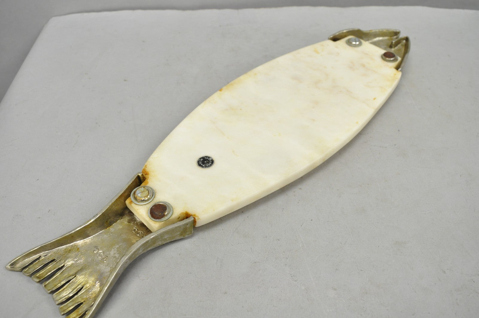 Vintage Mid Century Modern Fish Marble Metal Cutting Board Sushi Serving Platter